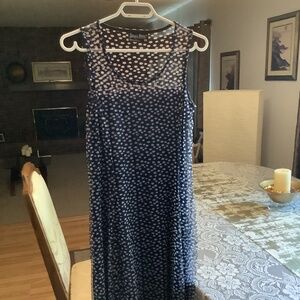 Tango Mango, sleeveless navy polka dot, partially lined, size medium dress